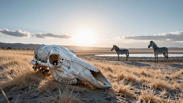 A weathered giraffe skull rests in dry grass as zebras graze near a waterhole at sunset, illustrating nature's cycle of life and decay.