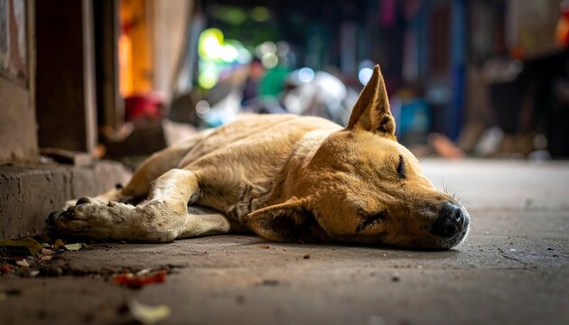 tired dog sleeping on city sidewalk.