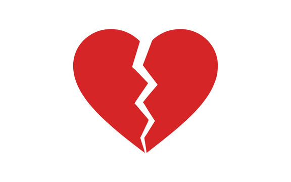 Red broken heart with jagged vertical split on white background