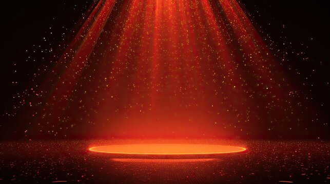 A glowing spotlight shines on an empty circular stage with glitter