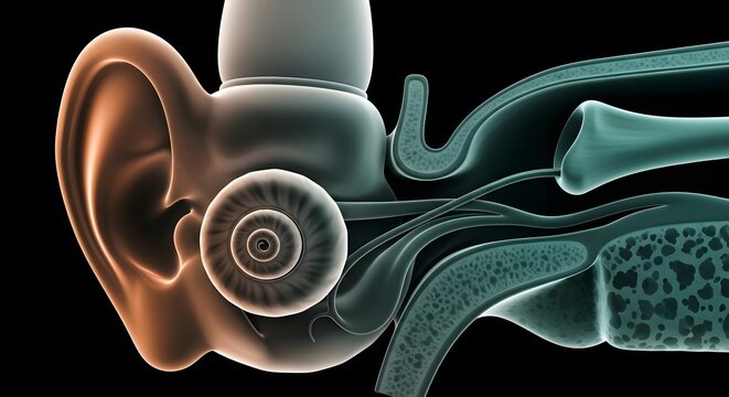 Human Ear Anatomy Cross Section Showing Cochlea and Ossicles