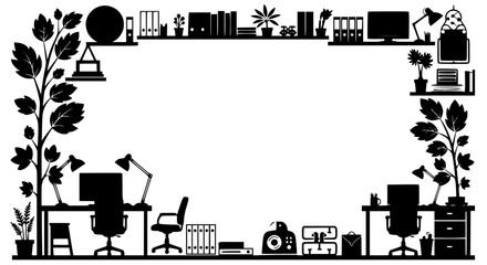 Obraz premium Modern Office Workspace Silhouette Frame with Plants and Furniture