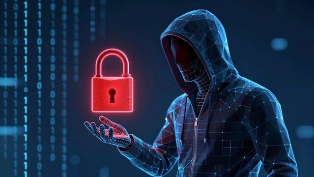A low-poly stylized hacker figure in a hoodie holds a glowing red padlock, representing cyber threats and online security risks against a digital binary code backdrop.