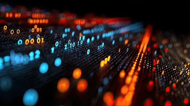 Abstract Digital Data Flow with Binary Code and Bokeh Lights.