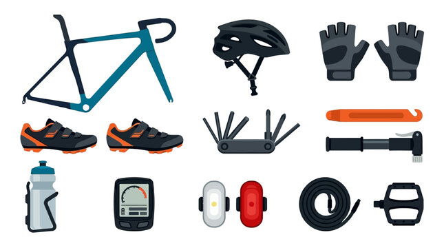 Comprehensive Bicycle Gear and Accessory Set on White Background.
