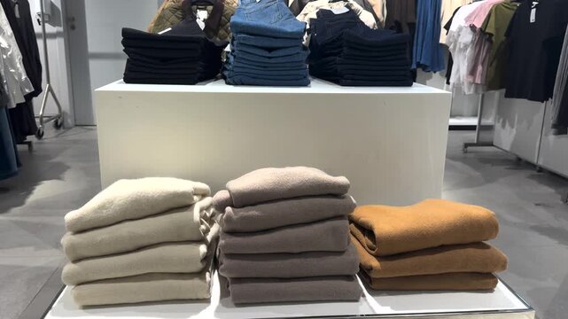 Modern clothing store interior showing neatly folded stacks of warm sweaters and stylish jeans displayed on white stands, creating an inviting atmosphere for shoppers in the retail space