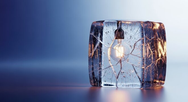A delicate electric light source is encased in a thick, clear block of frozen water, representing obstacles, restriction, and isolation, vintage, fragile, limitation