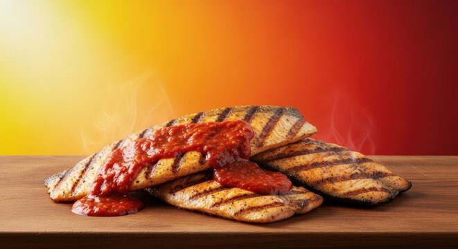 Delicious seasoned pike fish fillets marinated in spicy jerk sauce, freshly grilled outdoors, ready for a meal, grilling, meal, fresh