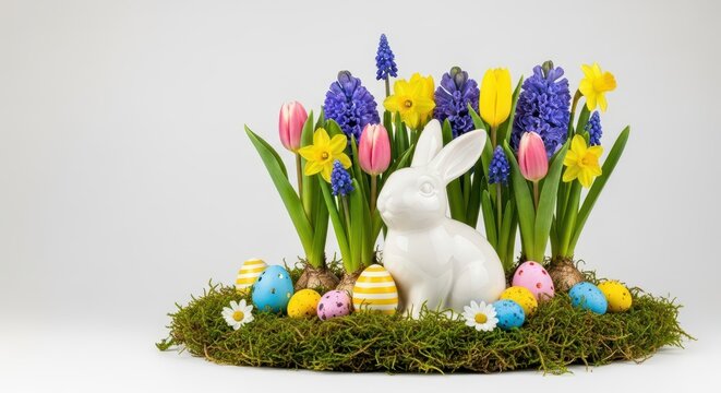 Cheerful composition featuring a ceramic rabbit surrounded by blooming spring flowers, bright multicolored eggs, and lush green moss, holiday, blue, soft