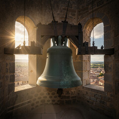 Obraz premium Ancient bell in belfry with sunset rays over village landscape 