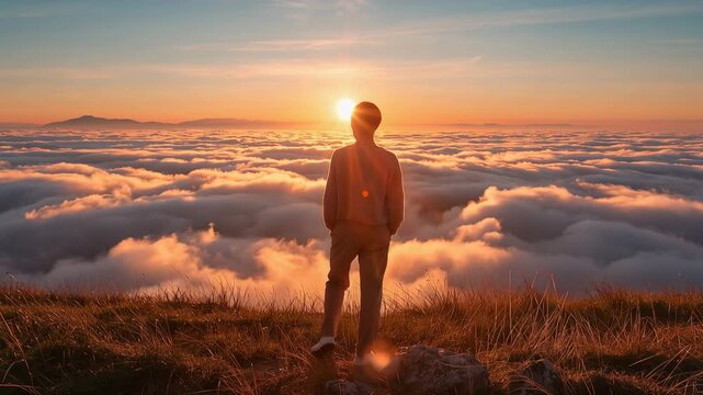 夏の夕暮れ、山頂で日本人の男性が雲海を眺める