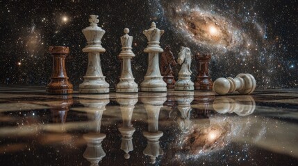 Fototapeta premium Celestial chess pieces on a mirrored surface with galaxy background