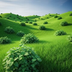 Obraz premium Lush green herbage grassland covering rolling hills under soft daylight. A detailed, expansive view of dense, thriving botanical flora, vibrant, expansive, serene