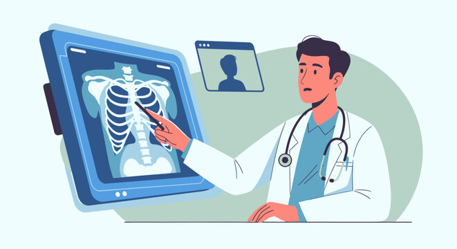 Doctor analyzing medical x-ray image on screen.