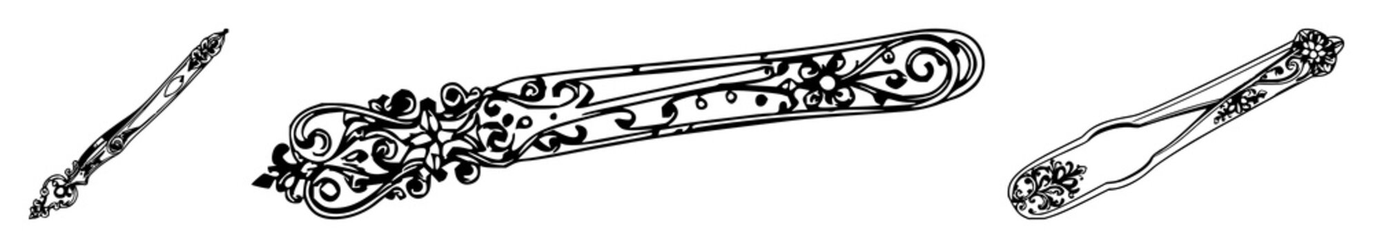 Sugar tongs set with ornate silver design featuring kitchen utensil, serving ware, tableware with metallic and vintage style