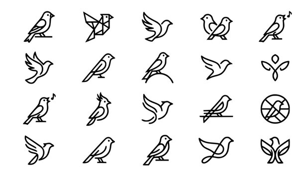 A clean modern vector illustration set of canary bird line icons designed as minimalist logo symbols displayed on a solid white background. The collection features abstract bird shapes inspired by a c