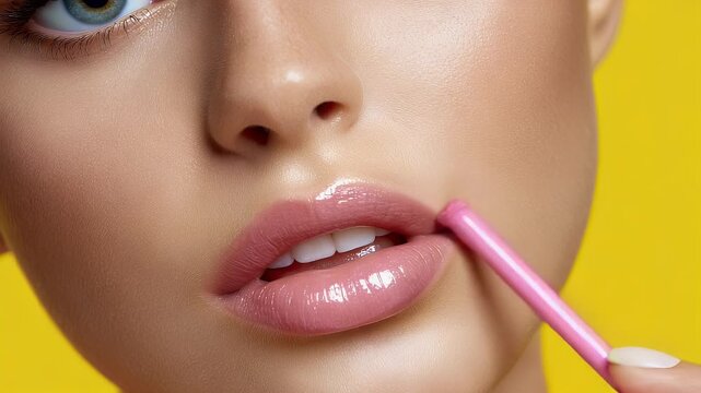 Woman applying lip gloss with soft focus and bright colors