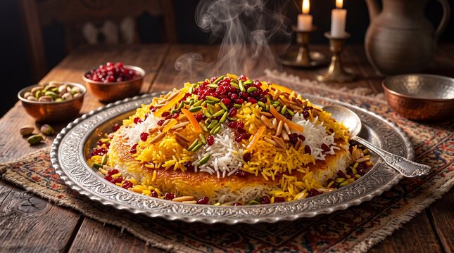 Traditional Steaming Persian Jeweled Rice with Saffron Barberries and Pistachios