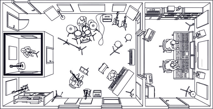 Music Studio Top View Line Illustration With Recording Booth and Instruments