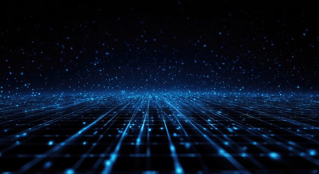 Abstract digital grid of glowing blue particles receding into darkness
