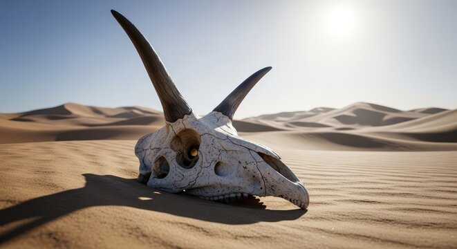 Carnotaurus dinosaur skull resting in the desolate desert landscape under the bright sun.