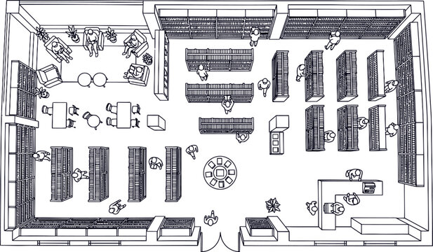Bookstore Interior Top View Line Illustration With Shelves and Reading Area