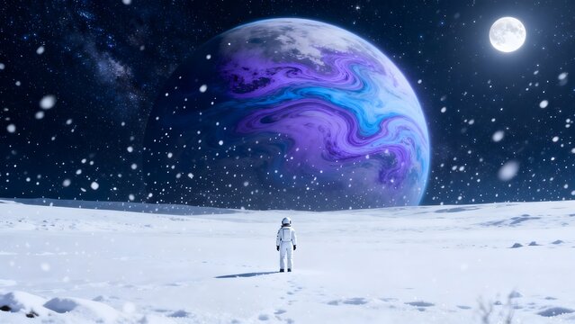 Astronaut on snowy alien planet