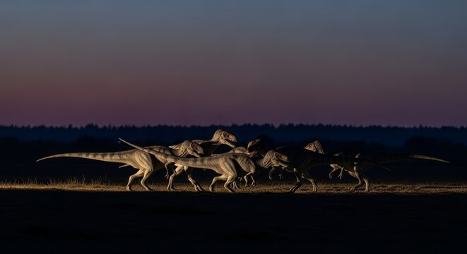 A Pack of Troodons Running Together During Dusk in a Prehistoric Landscape