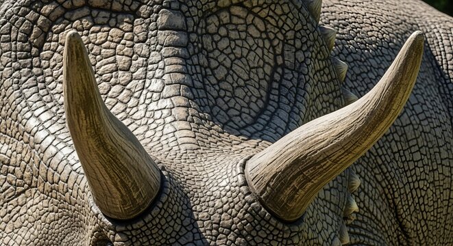 Close-up of a Triceratops dinosaur's textured frill and horns, showcasing ancient reptilian details.