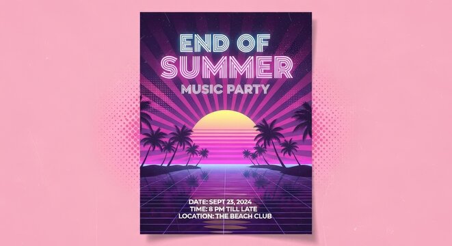 Retro synthwave summer music party flyer with neon sun