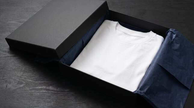 Minimalist presentation of a freshly folded white t-shirt nestled in elegant dark packaging, ready for a premium unboxing experience