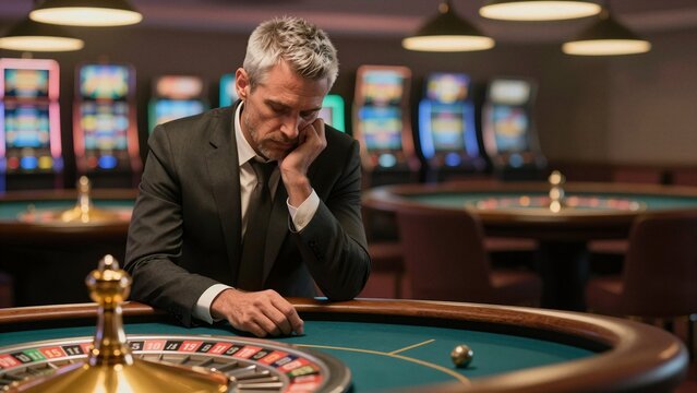 A distressed man in a suit sits at a roulette table in a casino, appearing overwhelmed and sad. The background shows slot machines with soft focus.