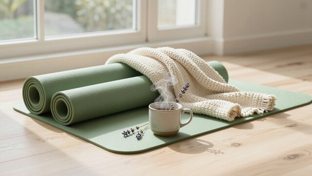 A rolled green yoga mat with a cozy knit blanket and steaming mug of tea on wooden floor, soft focus background.
