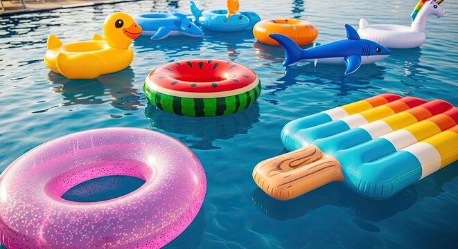Colorful pool inflatables floating in blue swimming pool water