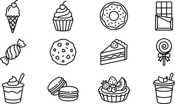 Flat line art desserts and sweets illustration set