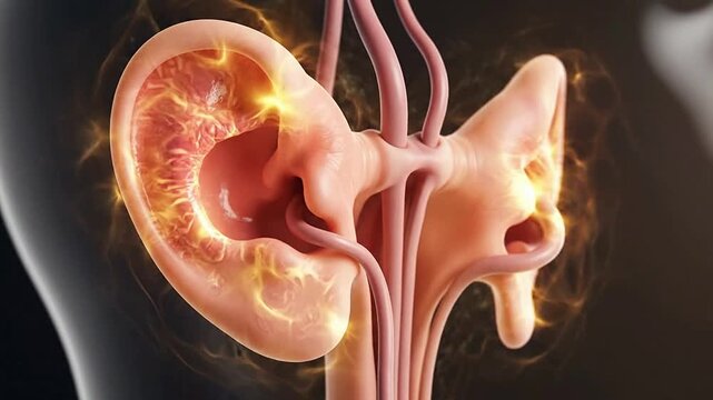 High-Detail CGI Medical Visualization of Viral Laryngitis Progression Focusing on Ear Anatomy with Inflammation Against Dark Background in 4K Resolution