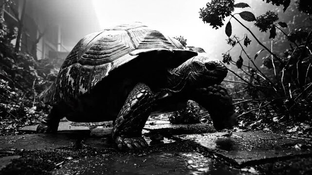 Black and white close up of a slow moving giant tortoise walking on a stone path with surrounding foliage