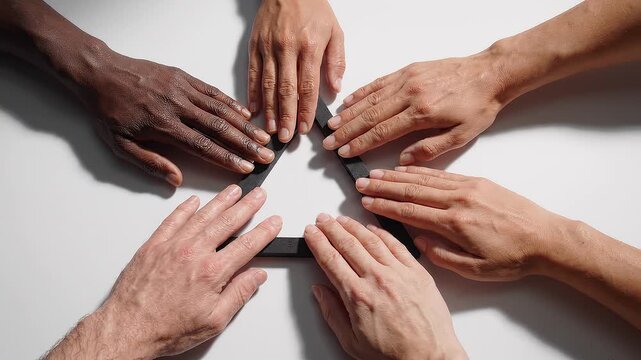 Six diverse hands forming a star shape around a black triangular frame on white surface