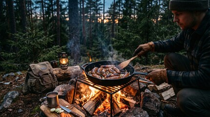 Fototapeta premium Cooking Sausages in Cast Iron Skillet over Campfire in the Woods