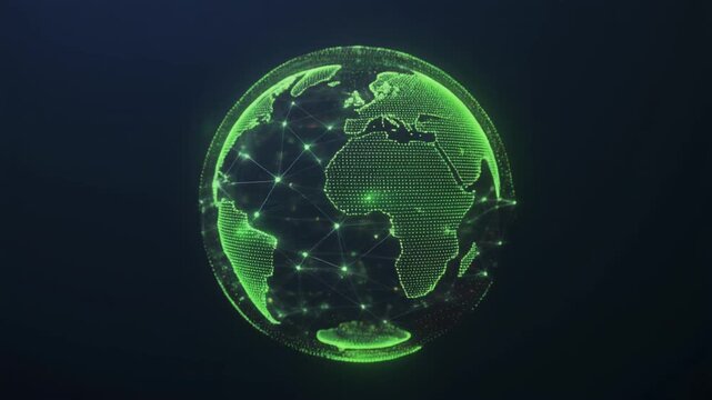 Dynamic digital Earth globe with glowing green interconnected nodes and lines rotating slowly, symbolizing global network, connection, and technology