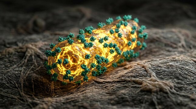 Detailed microscopic view reveals a radiant gold pathogen cell covered in teal green spike proteins resting on a dark biological surface.
