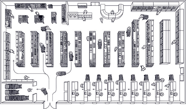 Supermarket Interior Top View Line Illustration With Retail Shelf Layout