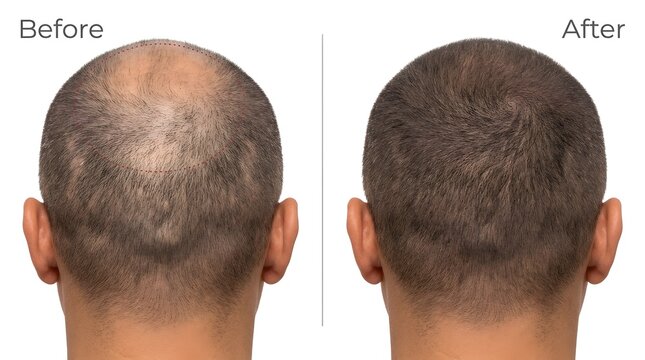 Before after hair transplant treatment comparison showing bald head versus thick full hair growth on man back view demonstrating hair restoration loss recovery results