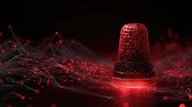 Red thimble glows with digital network connections on dark background
