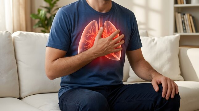 Young man holding chest with red glowing lungs anatomy hologram showing lung disease respiratory problem breathing difficulty asthma pneumonia health medical condition