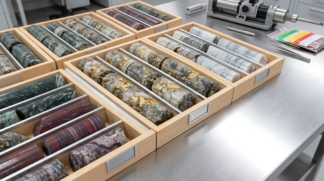 Geological rock core samples with gold veins in laboratory