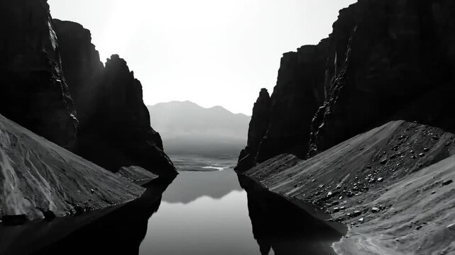 Black and white scenic view of a canyon lake with still water, mountains, and reflected cliffs
