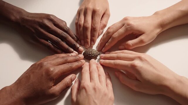 Six hands of varying skin tones reach toward two textured brown nut shells on white surface
