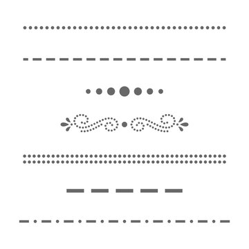 A collection of various elegant grey dividers featuring dotted lines, dashed strokes, and intricate floral flourishes designed to enhance professional document layouts, editorial print projects, and c