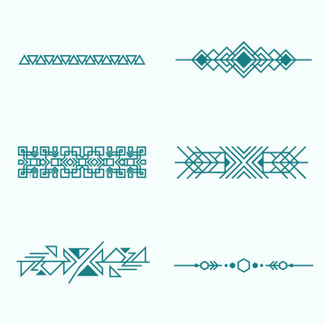 A collection of six unique teal geometric dividers featuring intricate linear patterns and abstract shapes designed for elegant page ornamentation and decorative graphic layouts to enhance professiona